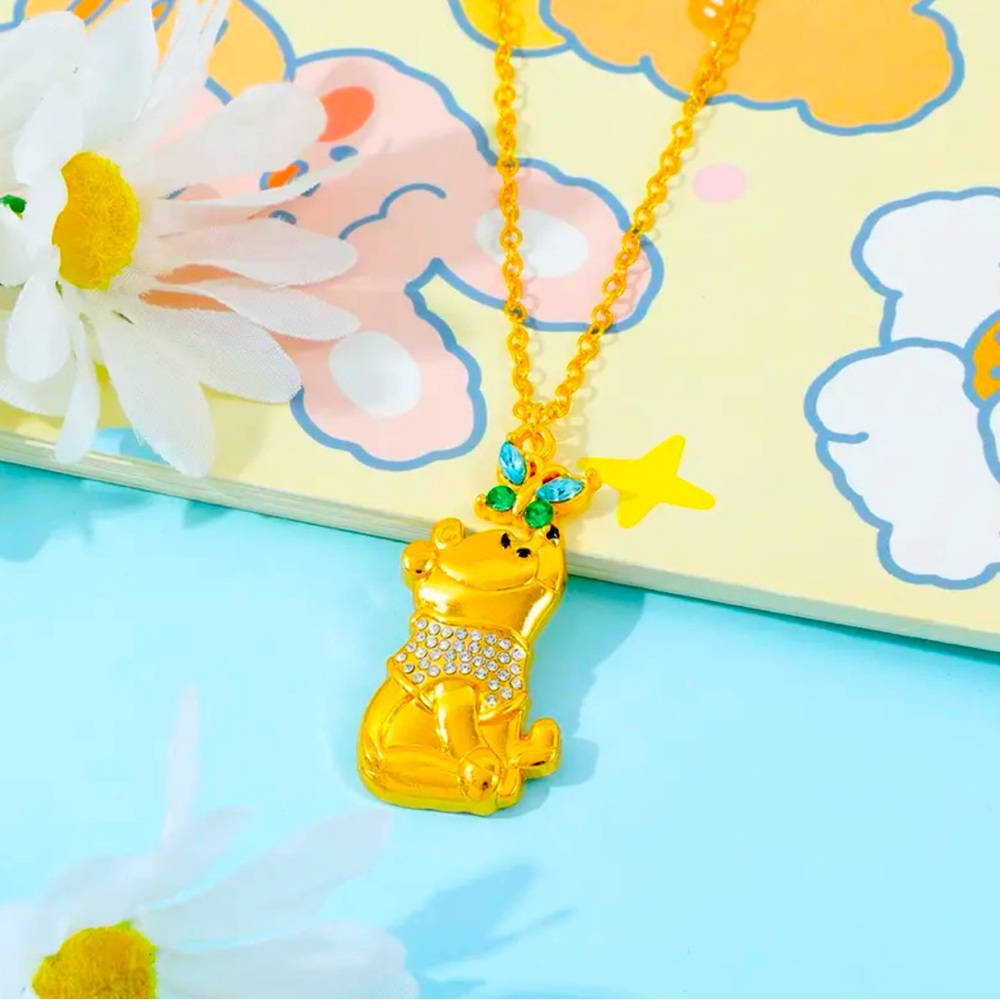 Disney Winnie the Pooh Bear Necklace Gold Pooh Bear Pendant with Butterfly Gem